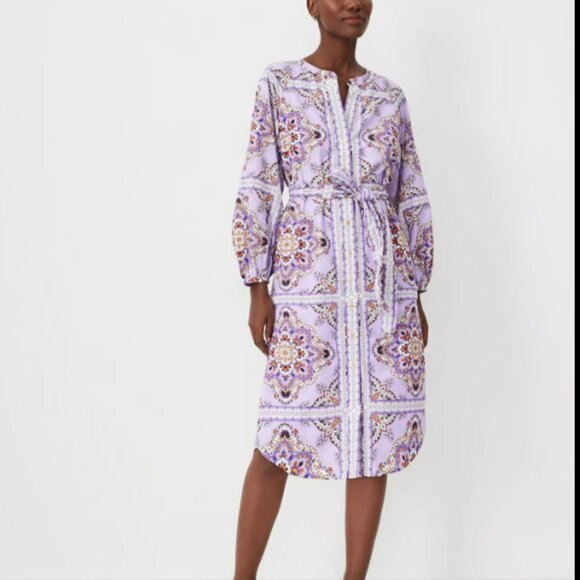 ANN TAYLOR SPLIT NECK BELTED FLARE SHIRTDRESS LAVENDER LATTE $189 2 P - Picture 1 of 7